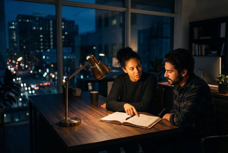 Conversa de mentoria: duas pessoas lado a lado sobre um caderno aberto