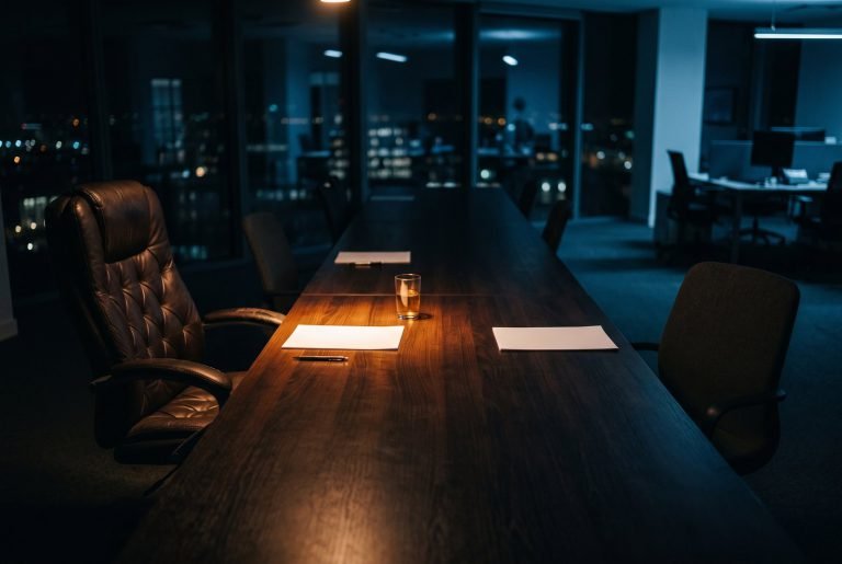 Mesa de reunião com duas folhas idênticas, uma na luz e outra na sombra